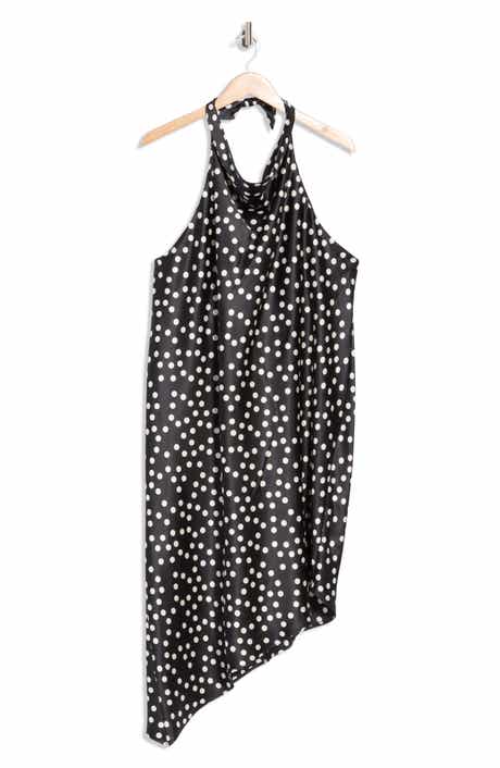 Renee C Polka Dot Asymmetric Hem Satin Halter Dress