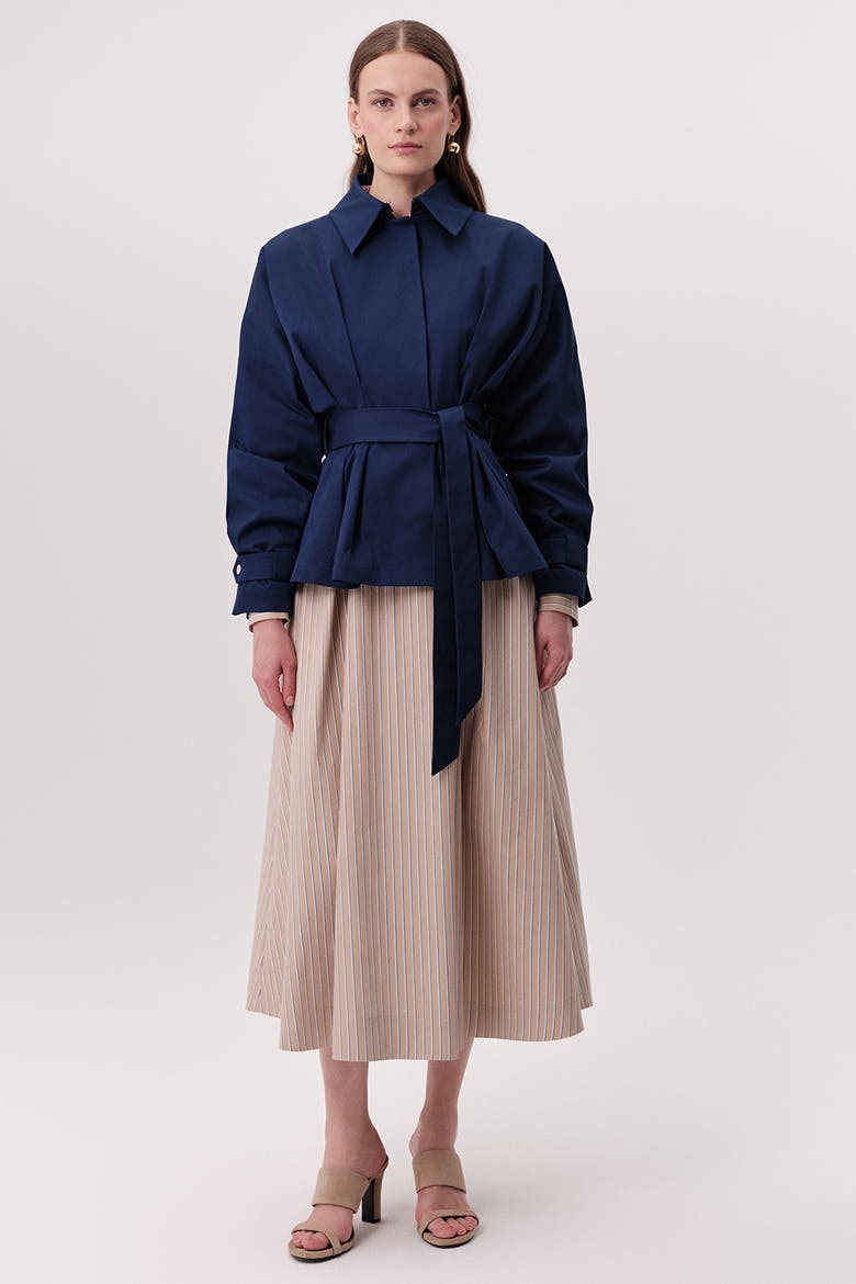 Kelly Notched Collar Pleated Belted Trench Coat, Alternate, color, Navy