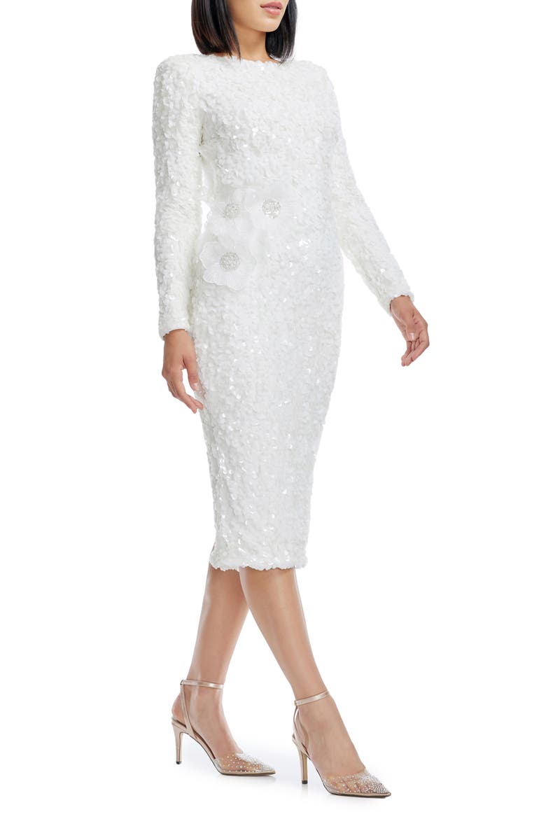 Emmalyn Floral Appliqué & Sequin Long Sleeve Body-Con Cocktail Dress, Alternate, color, WHITE