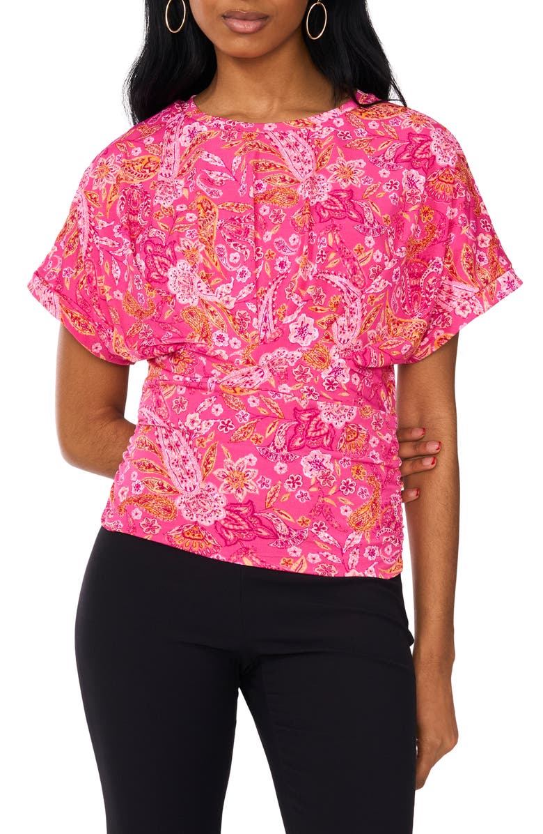 Chaus Floral Print Ruched Knit Top, Main, color, Fuschia/ Pink/ Mango