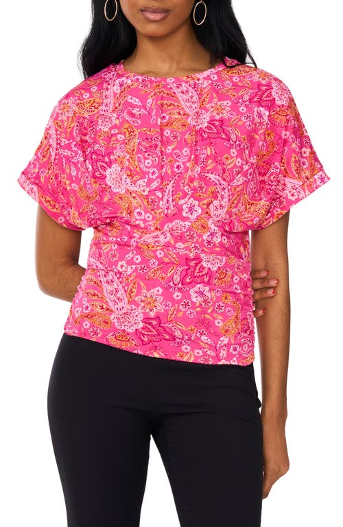 Chaus Floral Print Ruched Knit Top In Pink
