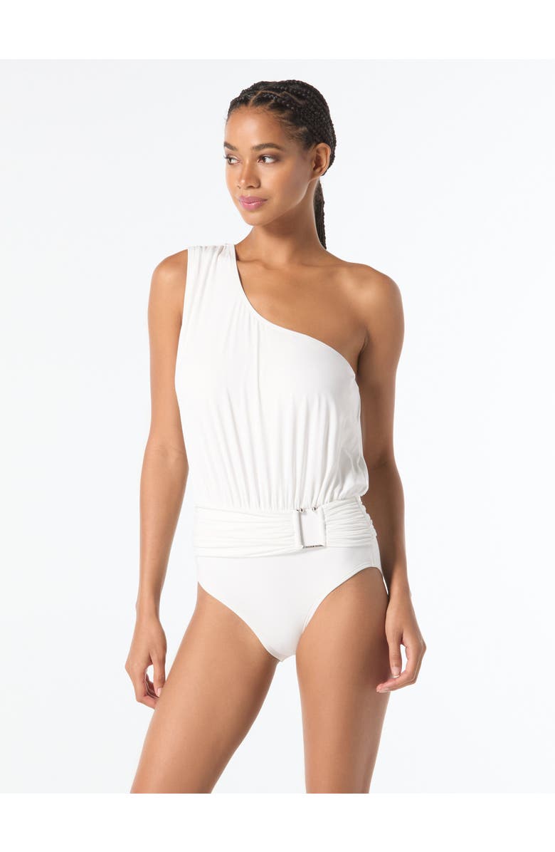 MICHAEL Michael Kors Logo U-Bar One Shoulder One Piece Swimsuit, Main, color, White