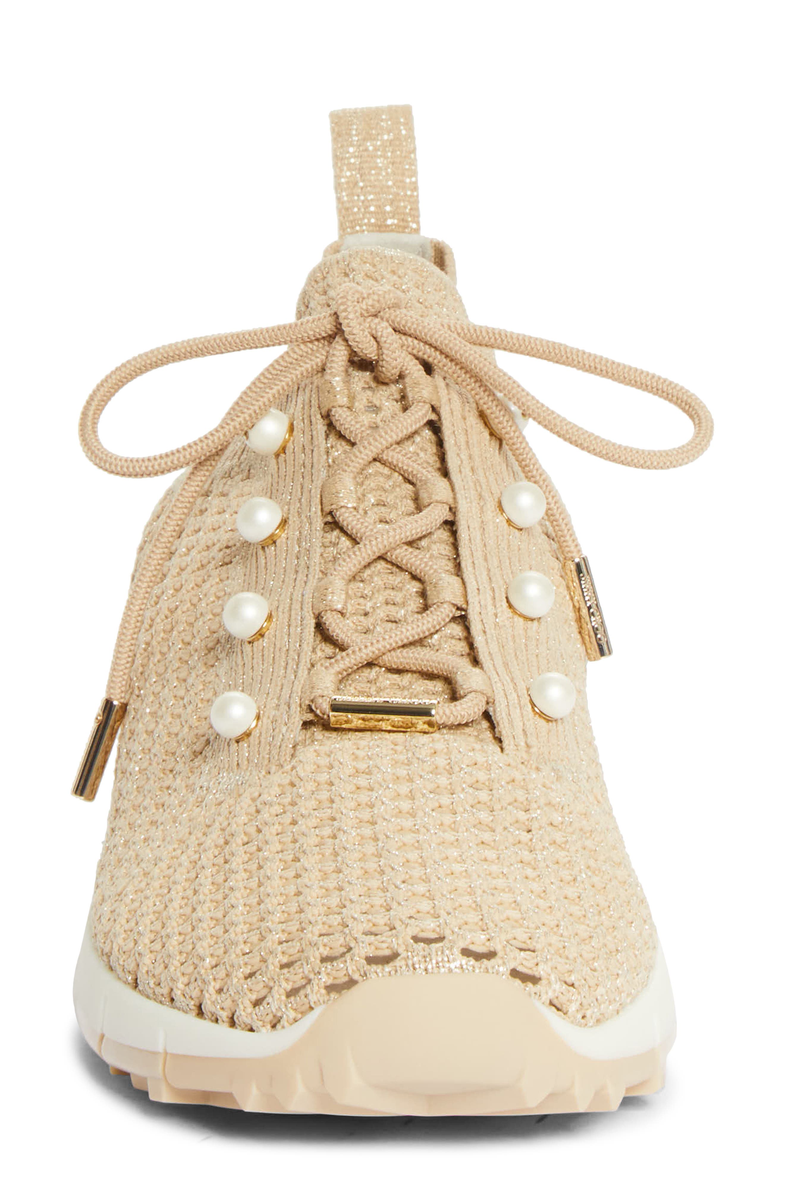 Jimmy Choo Veles Faux Pearl Shimmer Knit Sneaker, Alternate, color, Light Soft Gold Mix