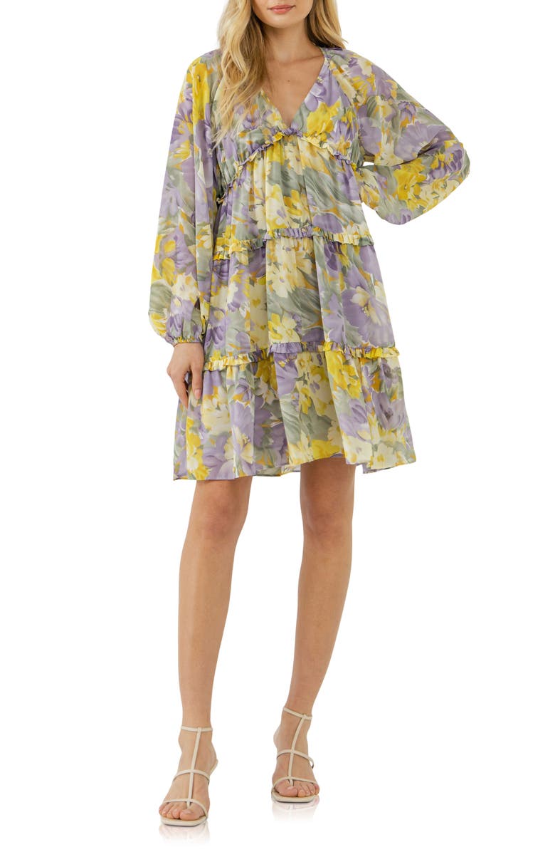 Free the Roses Voluminous Flowy Floral Print Long Sleeve Minidress, Main, color, Purple Multi