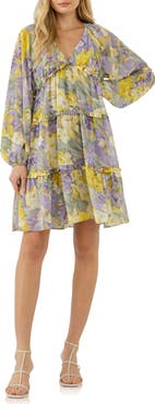 Free the Roses Voluminous Flowy Floral Print Long Sleeve Minidress