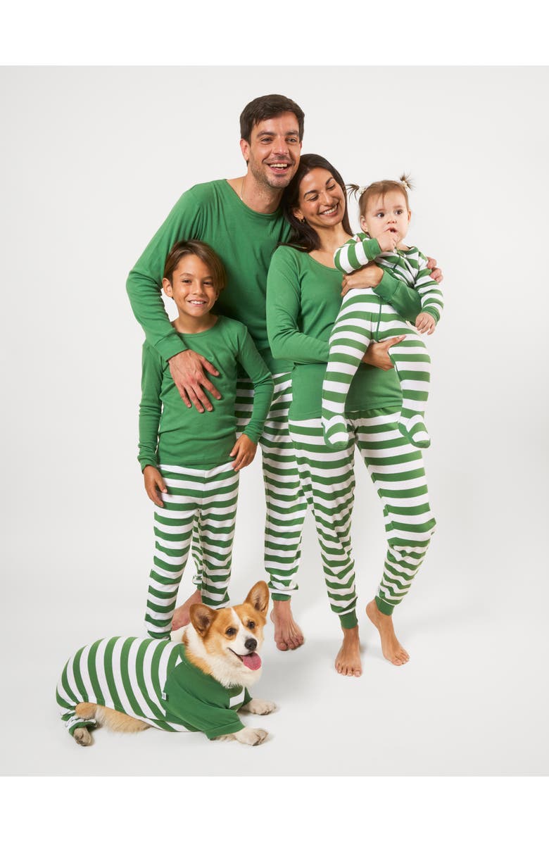 Leveret Kids Two-Piece Striped Cotton Matching Family Holiday Pajamas, Alternate, color, Solid Green Top & Striped Pant