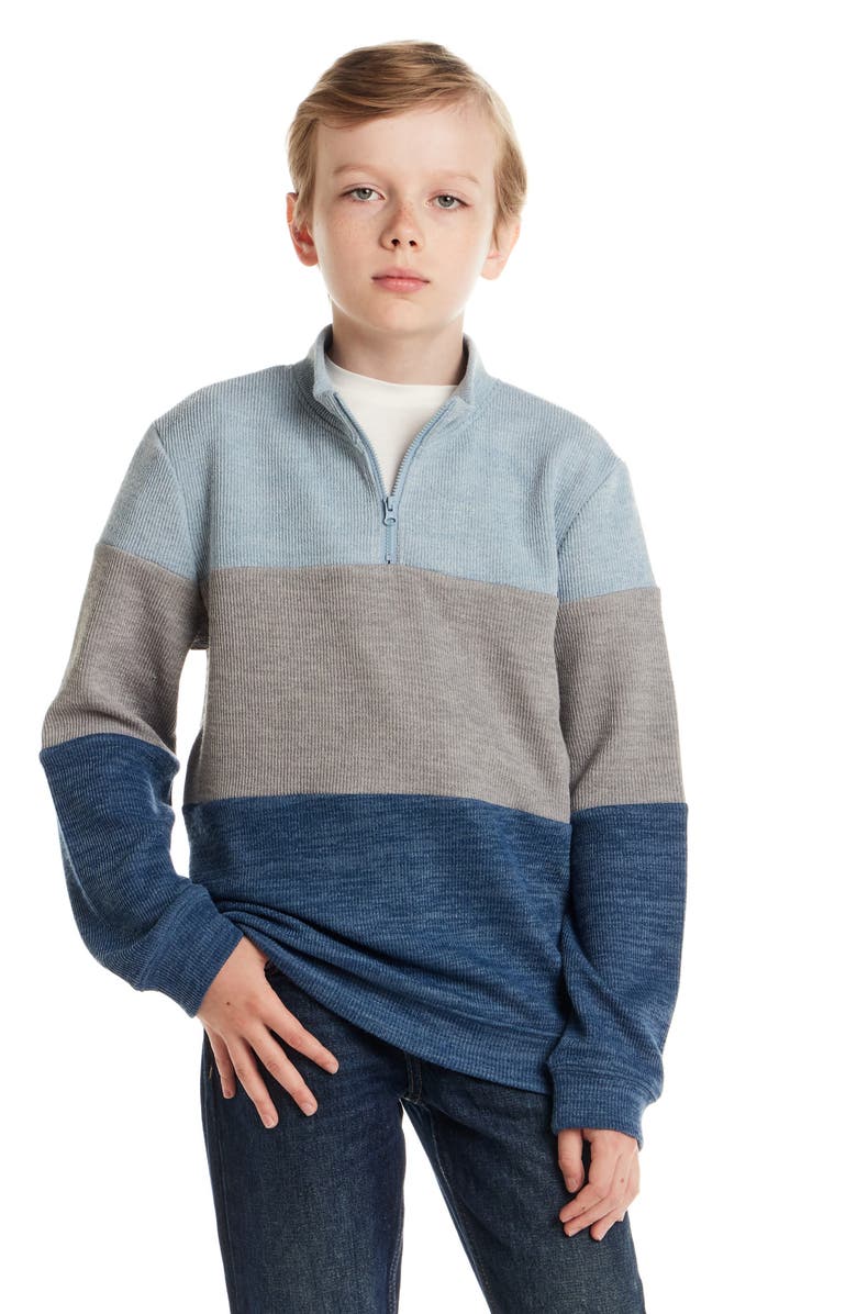 Andy & Evan Kids' Colorblock Quarter Zip Cotton Sweater, Alternate, color, Light Blue Stripe