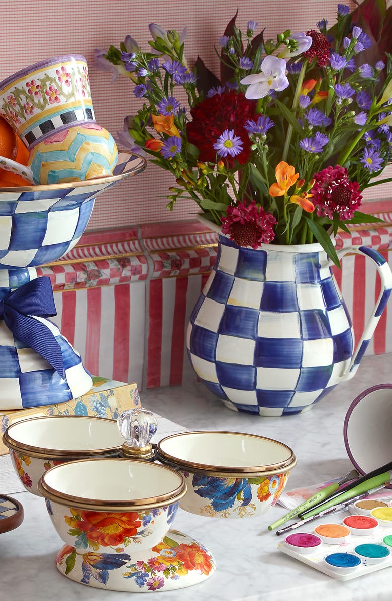 MACKENZIE CHILDS Royal Check Enameled Steel 3-Quart Pitcher, Alternate, color, Blue/ White