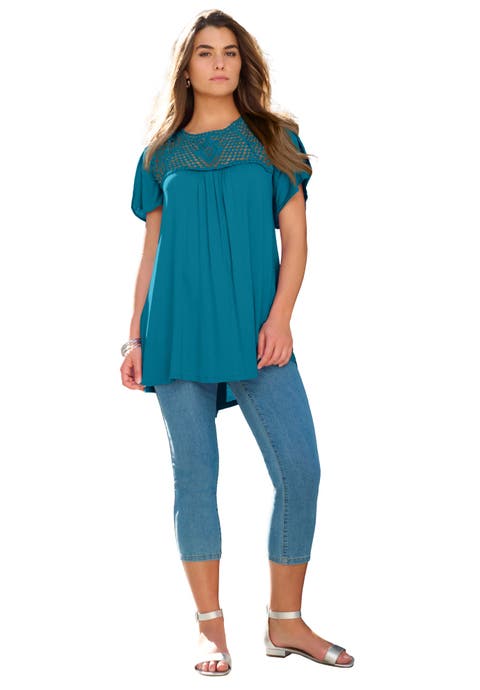 Plus Size Lace Yoke Pleated Tunic