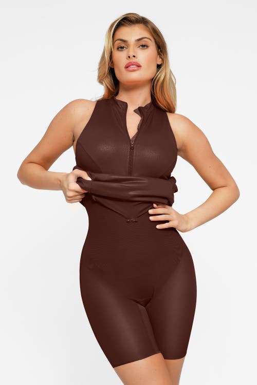 Popilush Shapewear Sculpting Faux Leather Zip Front Midi Dress In Ruddy Brown