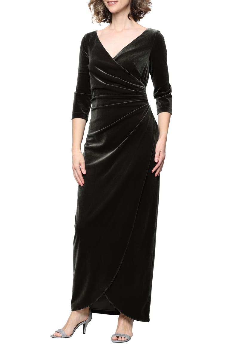 Ruched Three-Quarter Sleeve Velvet Gown, Main, color, OLIVE