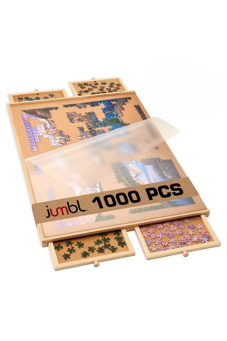 1000-Piece Puzzle Board with Drawers, Lazy Susan & Cover, Rotating Wooden Table, Main, color, Beige