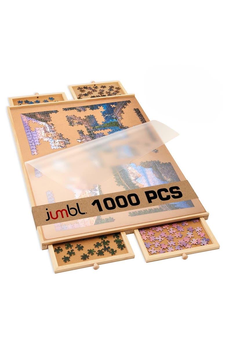 Jumbl 1000-Piece Puzzle Board with Drawers, Lazy Susan & Cover, Rotating Wooden Table, Main, color, Beige