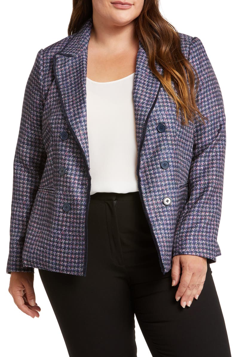 Tahari ASL Houndstooth Faux Double Breasted Blazer, Alternate, color, Navy/ Pink/ Violet