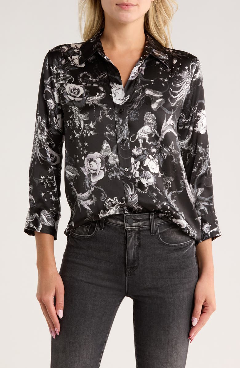 L'AGENCE Dani Print Three-Quarter Sleeve Silk Button-Up Shirt, Main, color,