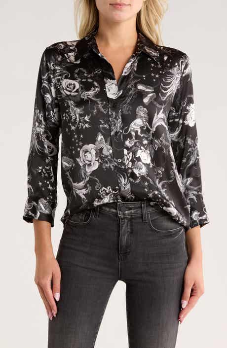L'AGENCE Dani Print Three-Quarter Sleeve Silk Button-Up Shirt