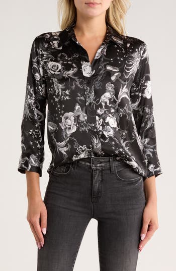 L Agence L'agence Dani Print Three-quarter Sleeve Silk Button-up Shirt