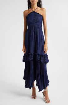 Ramy Brook Dulce Eyelet Ruffle Plissé Halter Maxi Dress