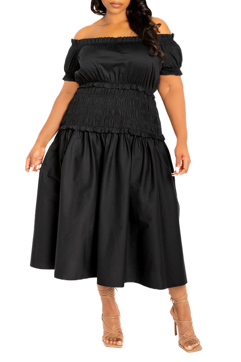 Off the Shoulder Midi Dress, Main, color, BLACK