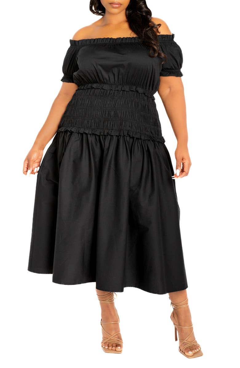 BUXOM COUTURE Off the Shoulder Midi Dress, Main, color, Black