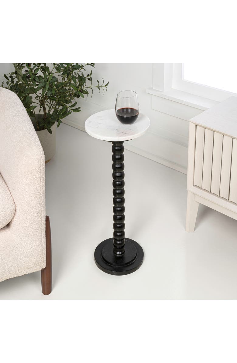 JONATHAN Y Monroe 24.25" Rustic Farmhouse Spindle Wood Drink Table and Decorative End Table with White/Beige Marble Round Top, Alternate, color, Black/White