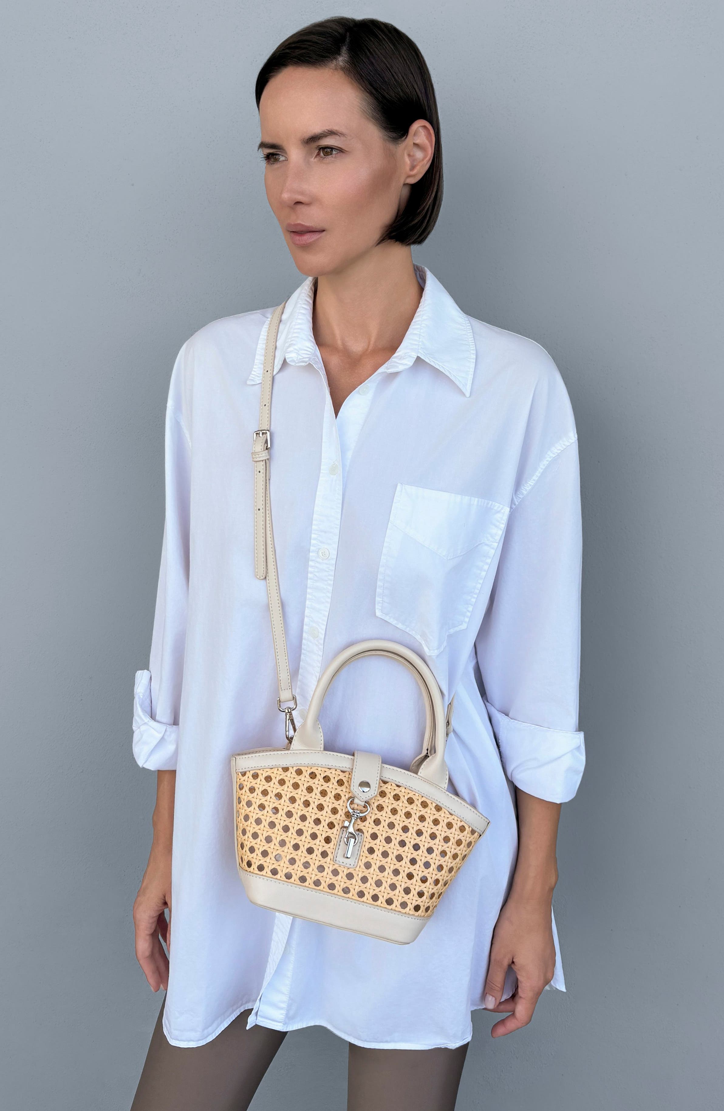Kane Rattan Shoulder Bag, Alternate, color, WHITE/ TAN