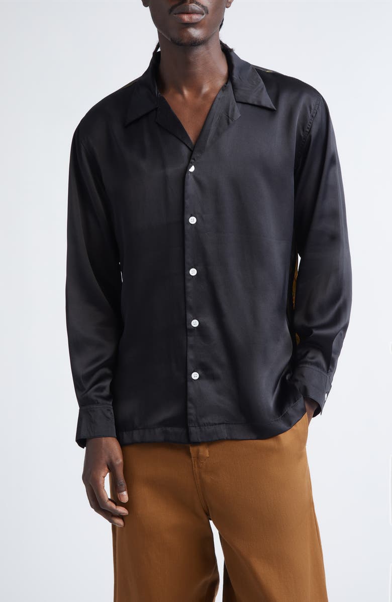 ENDLESS JOY Spiderweb Silk Satin Button-Up Shirt, Main, color, Black/ Orange