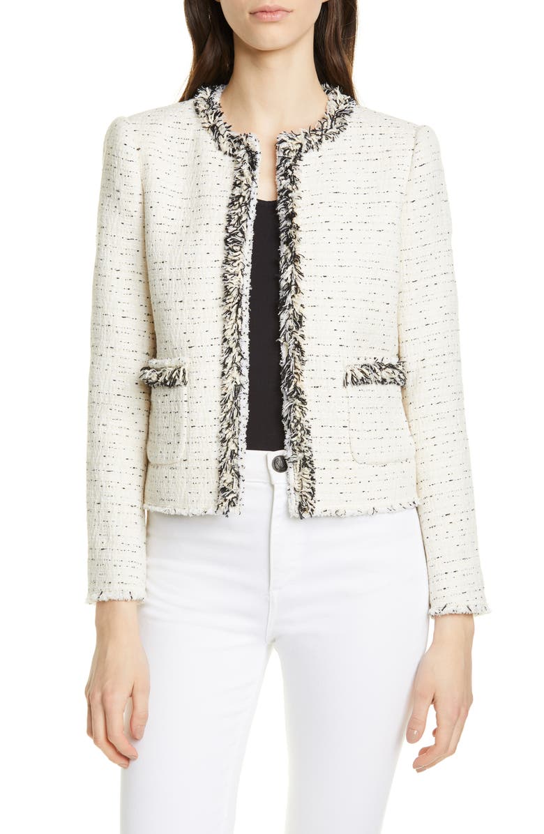 Rebecca Taylor Fringe Detail Cotton Blend Tweed Jacket, Main, color,
