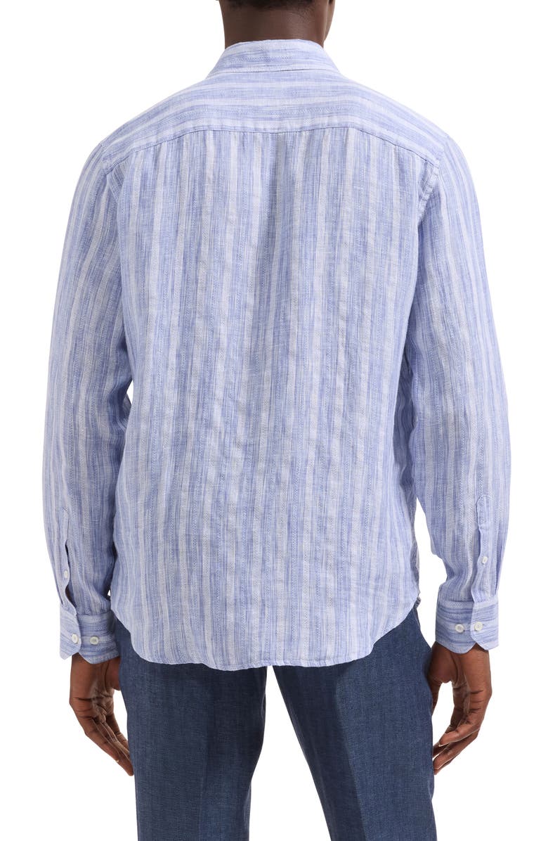 Bugatchi Julian Shaped Fit Stripe Linen Button-Up Shirt, Alternate, color, Classic Blue