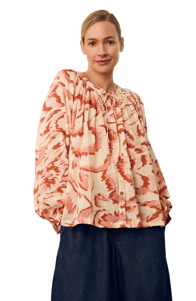 Celtic & Co. Long Sleeve Tie Neck Swing Shirt, Main, color, Ecru Blurred Floral