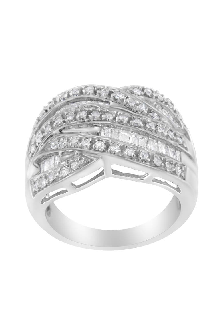 Silver 1.0 Cttw Round and Baguette Diamond Cross Over Ring Band, Alternate, color, Silver