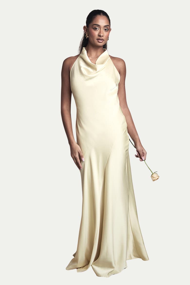 Cowl Halterneck Satin Bridesmaid Dress, Main, color, Lemon