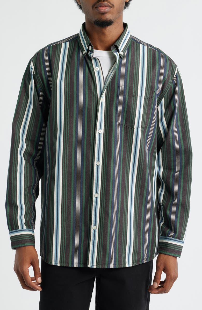 BP. Stripe Cotton Button-Down Shirt, Alternate, color, Green Mixed Stripe