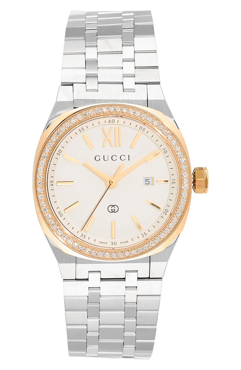 Gucci Diamond Bezel Stainless Steel Bracelet Watch, Main, color, Silver