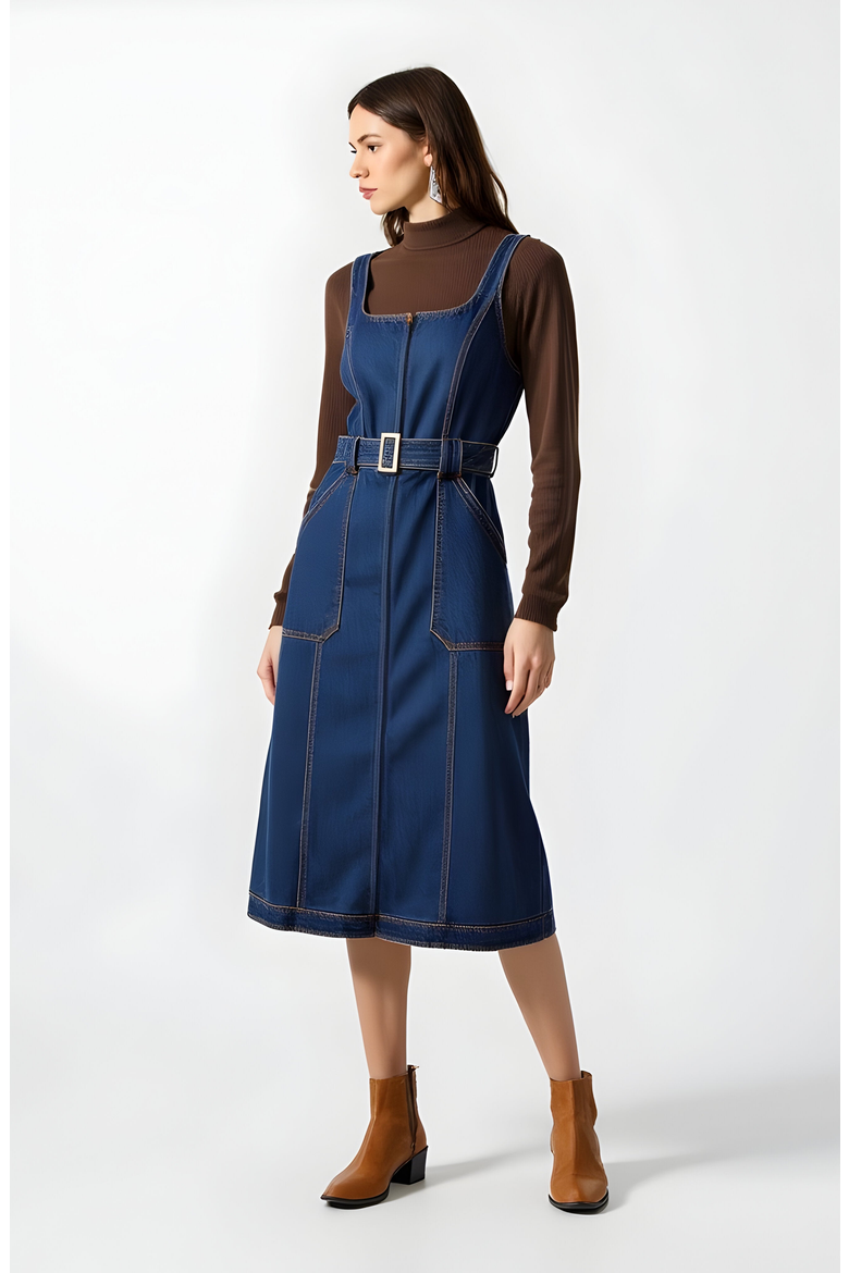 Denim Midi Dress with Belt and Zip Front, Alternate, color, Blue