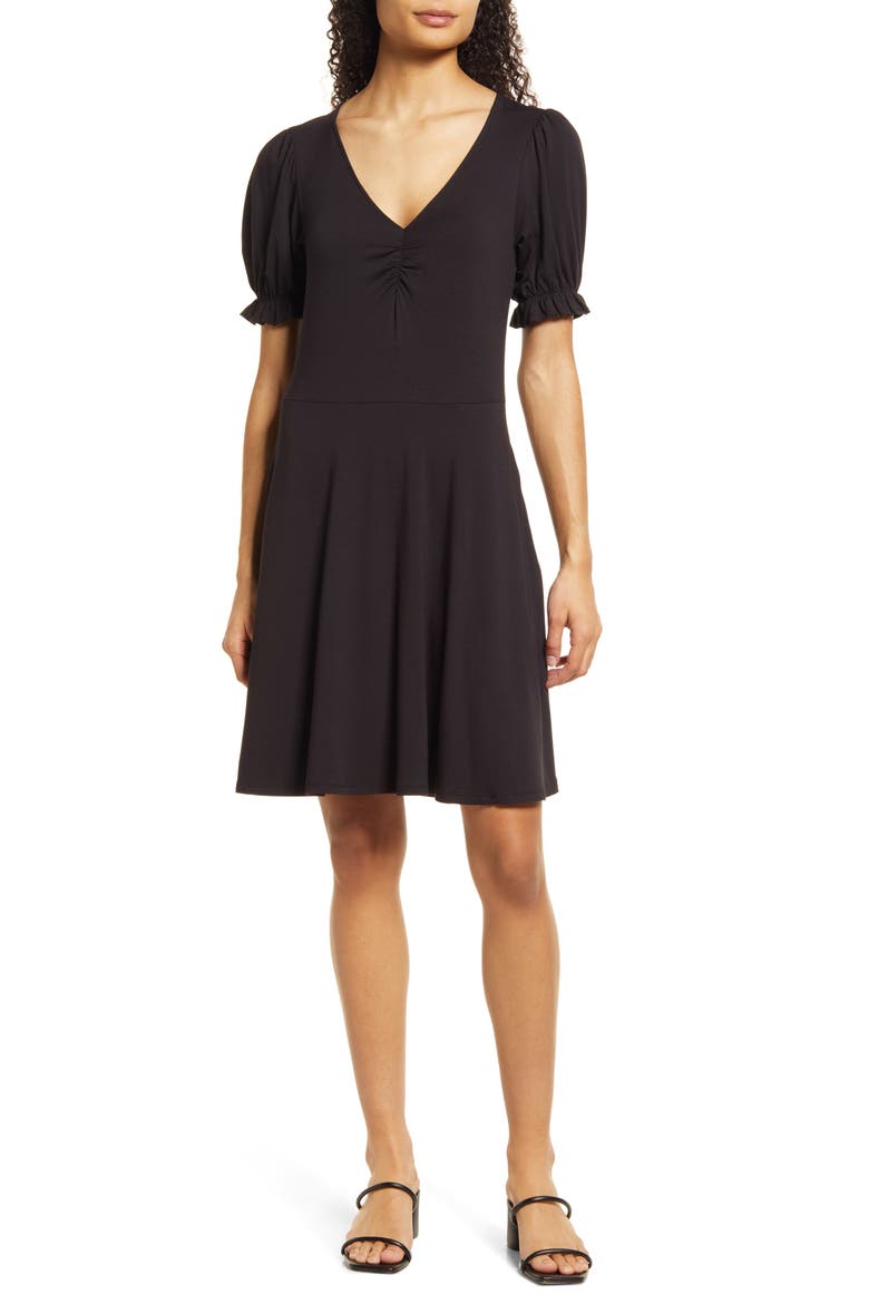 Puff Sleeve Jersey Minidress, Main, color, BLACK