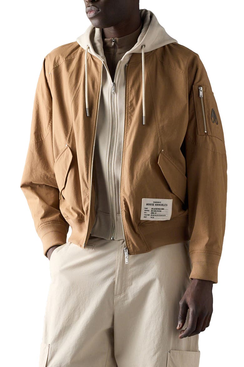Skylark Stretch Cotton Canvas Bomber Jacket with Removable Hoodie Insert, Main, color, DRIFTWOOD/ ALABASTER