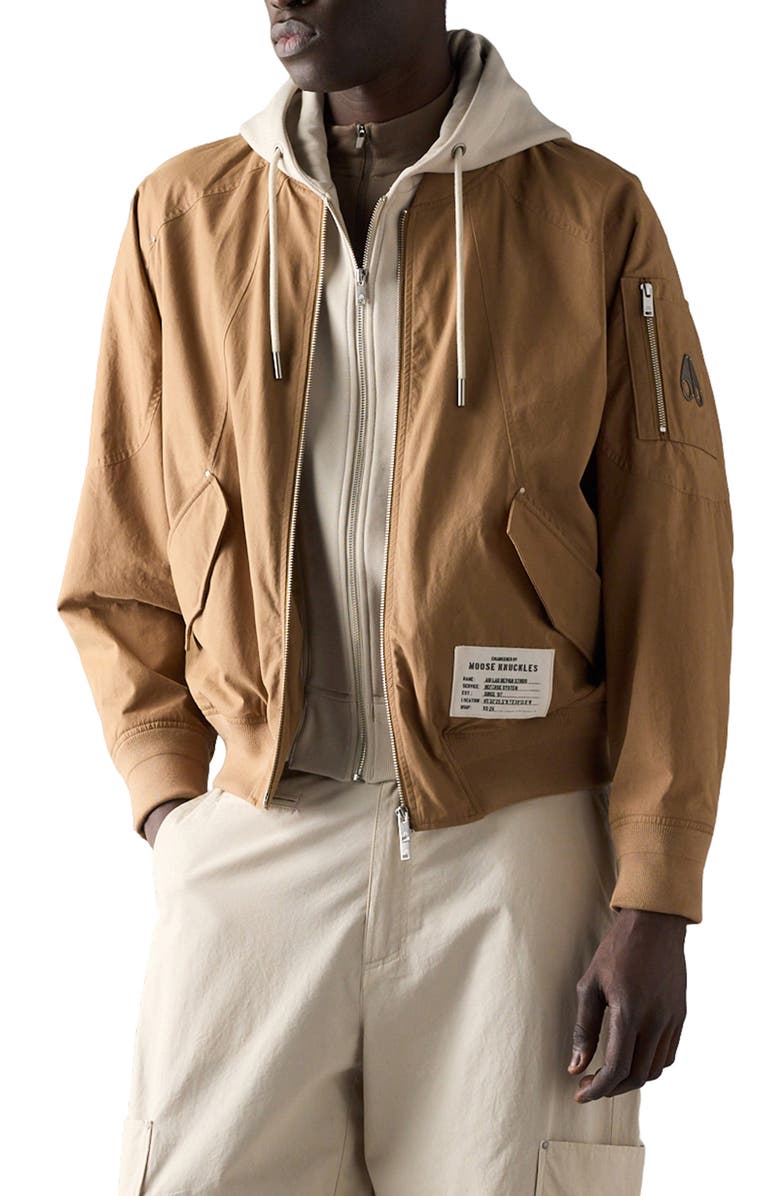 Moose Knuckles Skylark Stretch Cotton Canvas Bomber Jacket with Removable Hoodie Insert, Main, color, Driftwood/ Alabaster