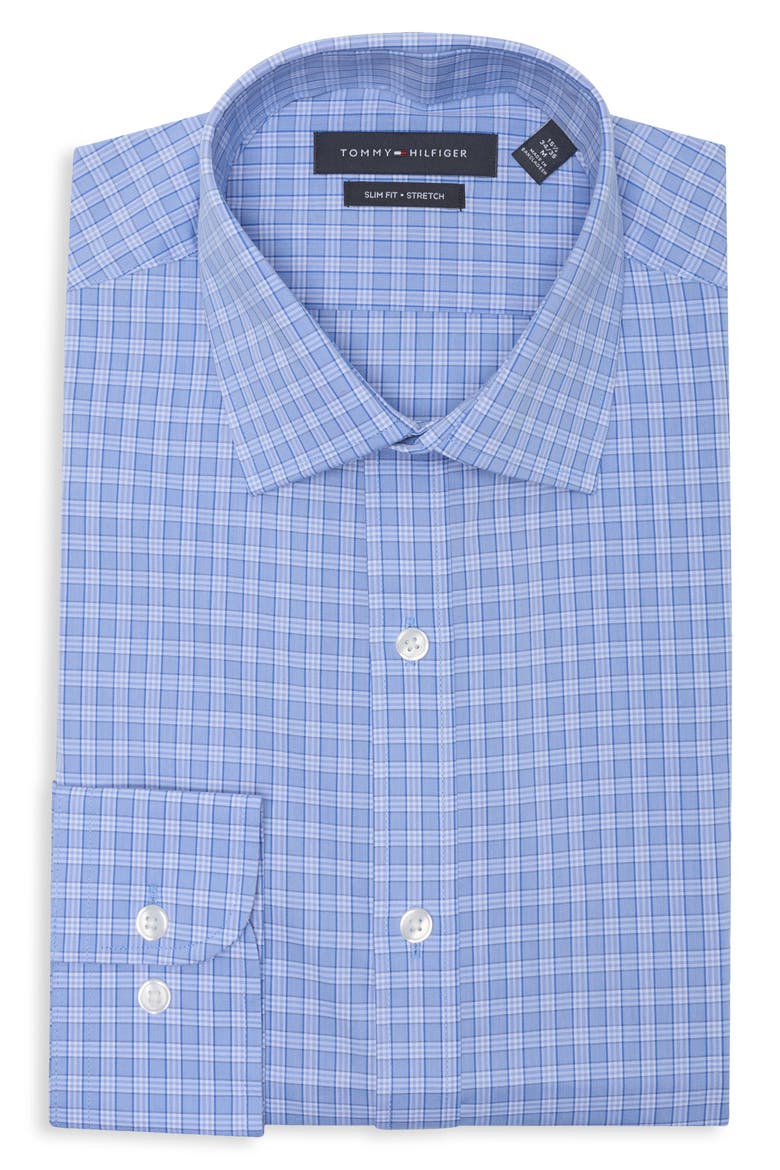 Slim Fit Stretch Plaid Dress Shirt, Main, color, STREAM