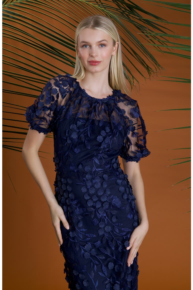 Floral Appliqué Midi Dress, Alternate, color, NAVY