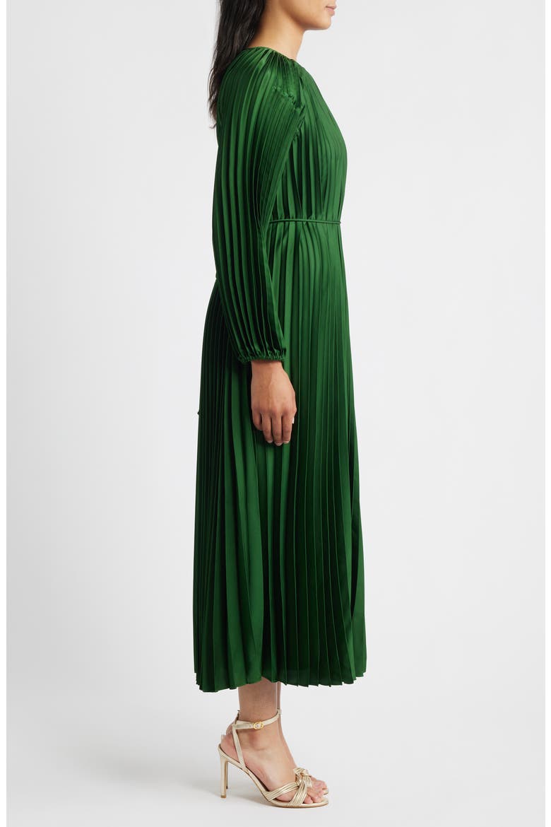 Pleated Long Sleeve Satin Midi Dress, Alternate, color, GREEN
