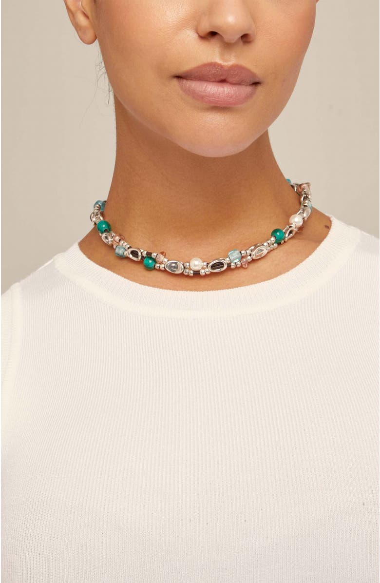 UNODE50 Short double leather strap necklace with sterling silver-plated links, Alternate, color, Silver