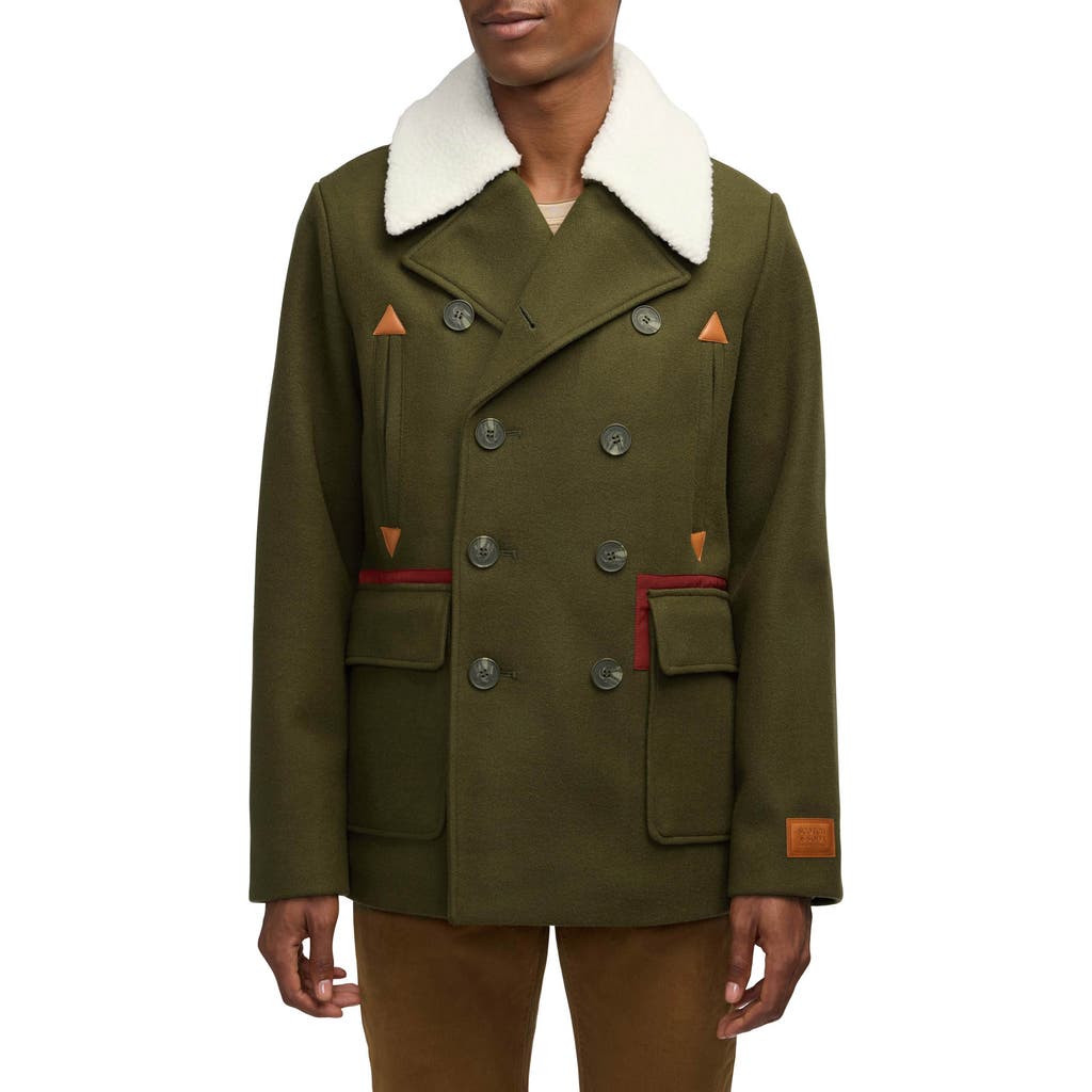 Scotch & Soda Men's Izak Double Breasted Peacoat With Removable Fleece Collar In Classic Green