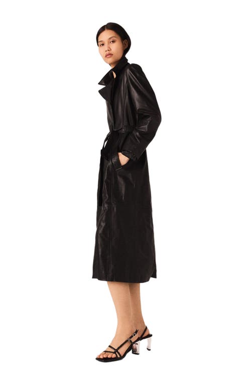 Maje Long Leather Trench Coat In Black