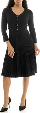 Nina Leonard Pleated Long Sleeve Sweater Dress