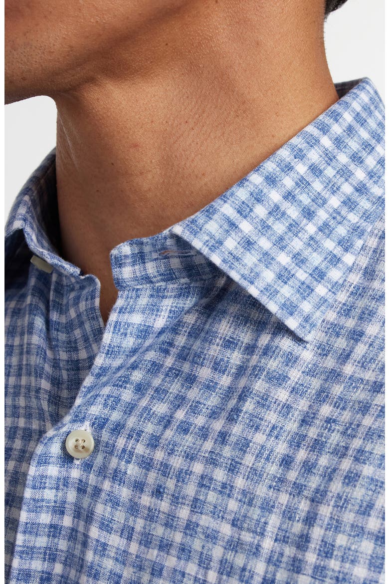 Check Linen Short Sleeve Button-Up Shirt, Alternate, color, NAVY/ SKY