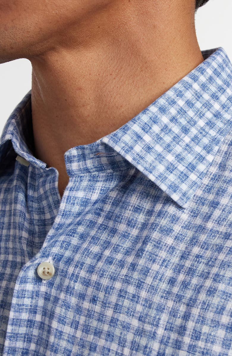 David Donahue Check Linen Short Sleeve Button-Up Shirt, Alternate, color, Navy/ Sky