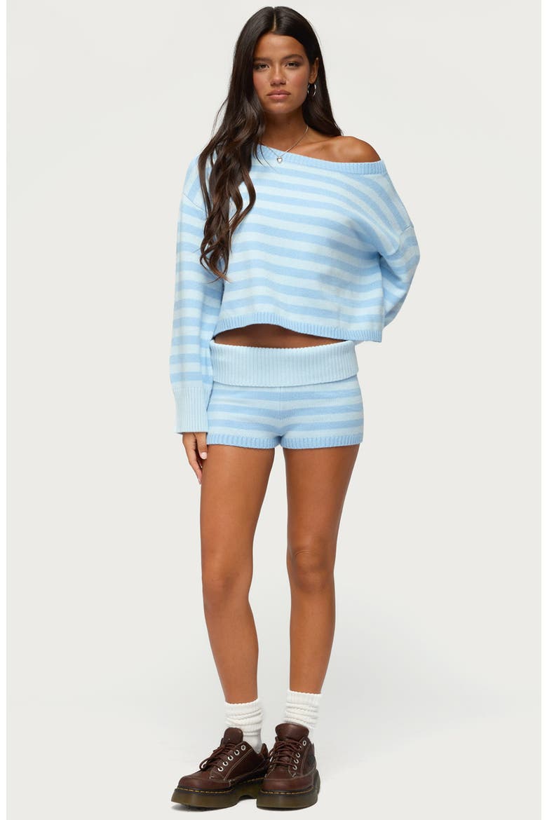 Saphi Striped Oversized Off the Shoulder Knit Sweater, Alternate, color, LIGHT-BLUE