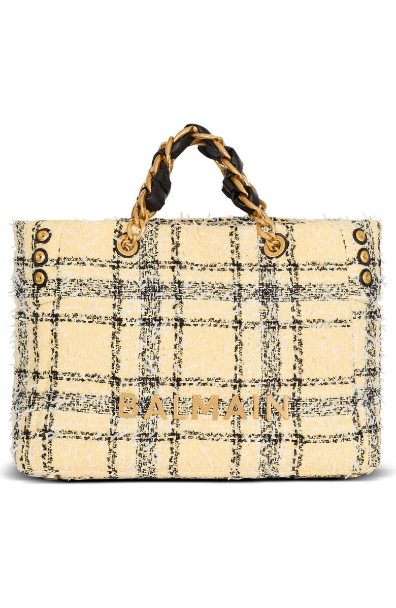 Balmain Plaid tweed 1945 tote bag, Main, color, Yellow