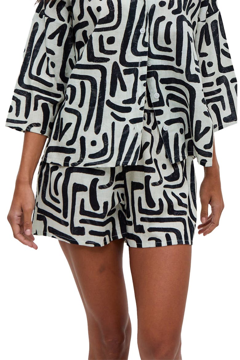 Nicola Paperbag Waist Warhol Print Shorts, Main, color, Black